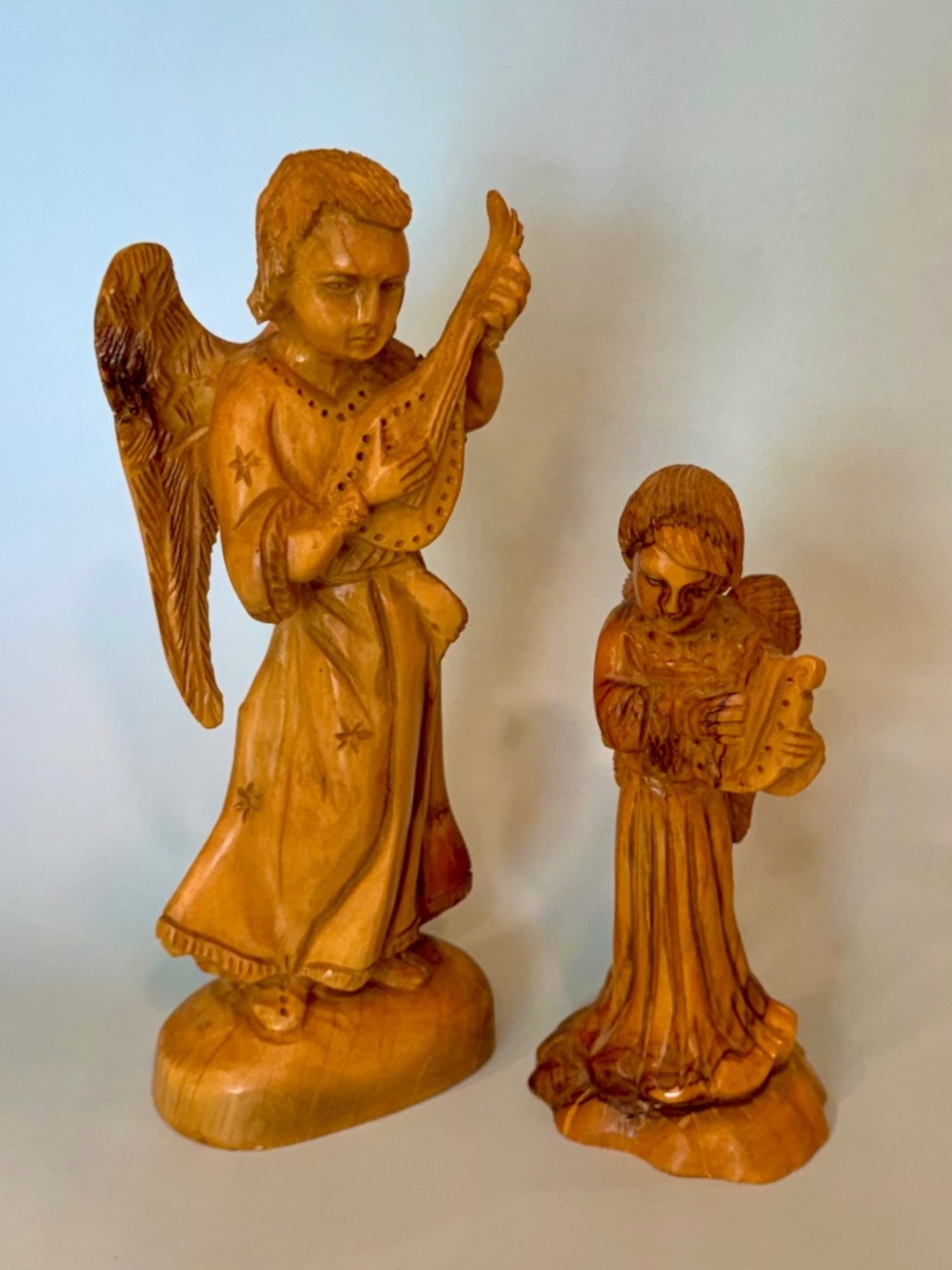 Vintage Bethlehem Olive Wood Musical Angels Pair 9" & 6.5" Hand Carved Holy Land